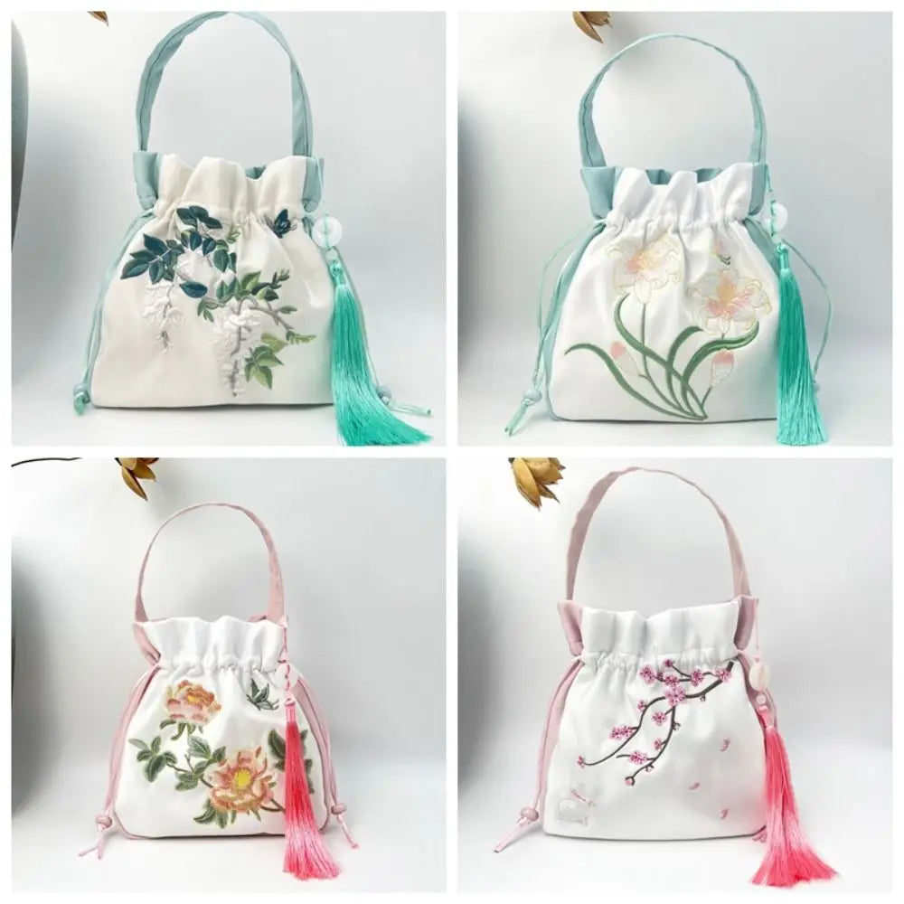 Silk Satin Embroidery Drawstring Bag