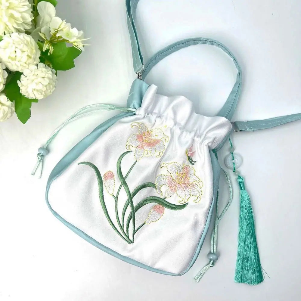 Silk Satin Embroidery Drawstring Bag