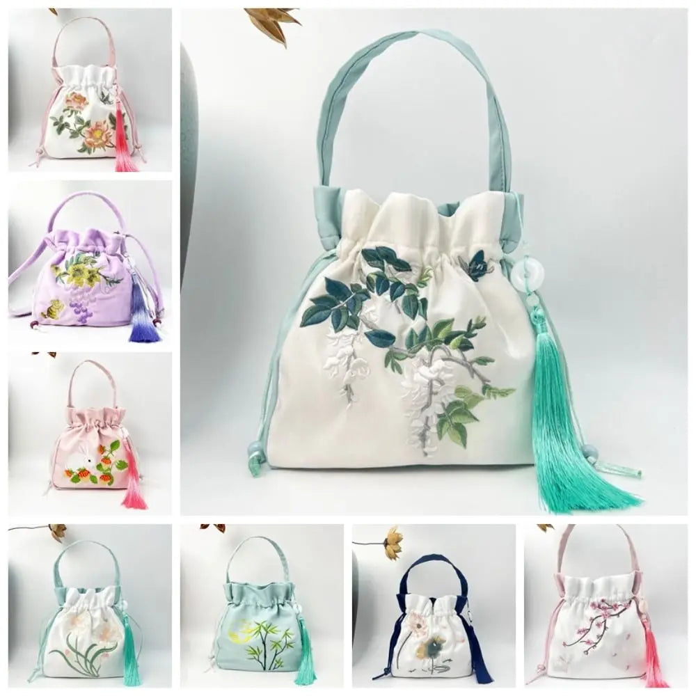 Silk Satin Embroidery Drawstring Bag